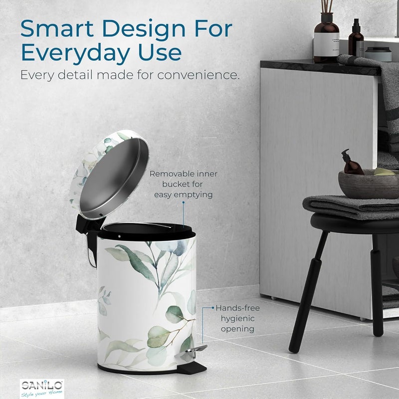 Sanilo Small Bathroom Trash Can with Lid [1.3 Gallon] - Lidded Tiny Trashcan for Garbage - Mini Metal Bin with Soft Closing Mechanism - Bath Room Accessoire Wastebin with Inner Bucket (Eucalyptus) - Image 4